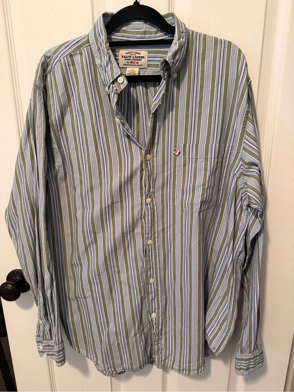 Vintage Ralph Lauren Olive Green & Light Blue Striped Button-Down Shirt